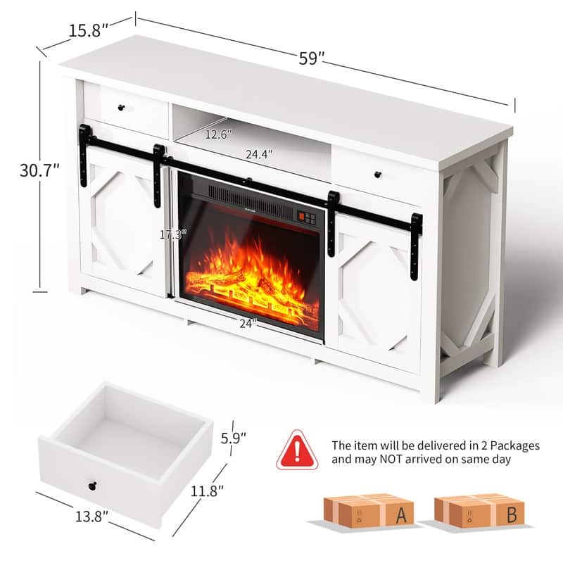 59" Sliding Diamond Door TV Stand for TVs up to 65" with 23" Electric Fireplace Included