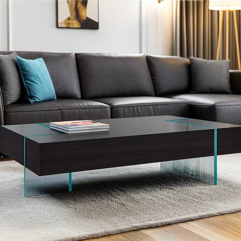 HomeRoots 53" Black And Clear Wood And Glass Sled Coffee Table - 53 in. x 16 in. x 28 in. - Black