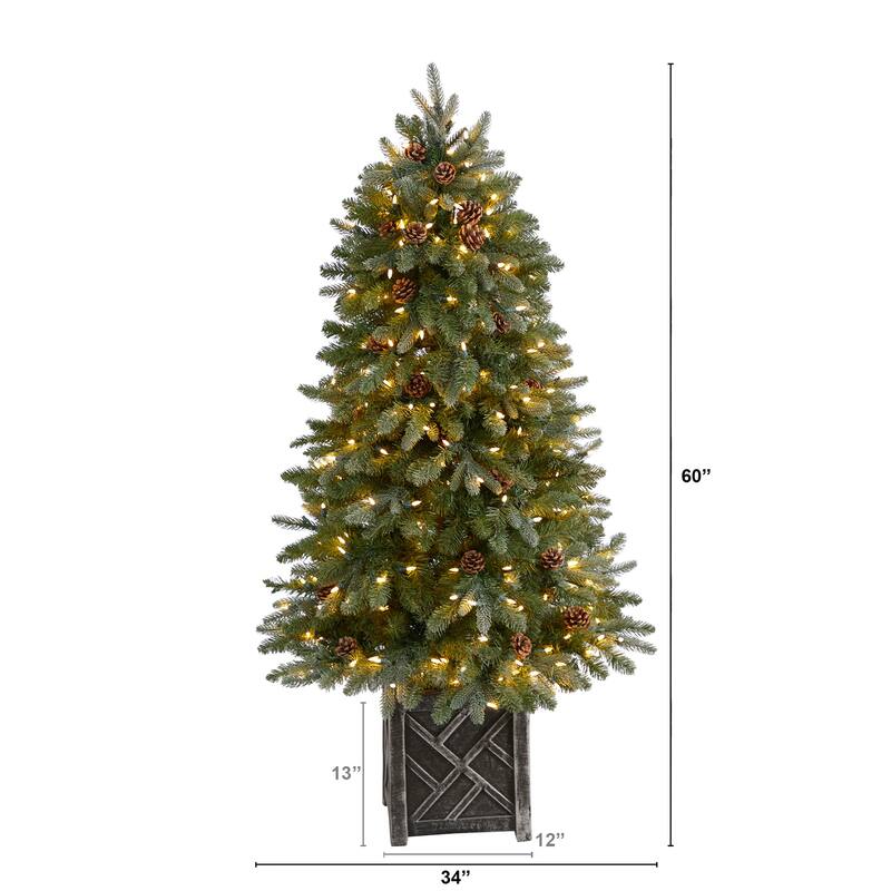 5Ft Flocked Artificial Christmas Tree with Lights - Holiday Decor, Pine Tree, Festive Tree, Indoor Tree - Green - 60