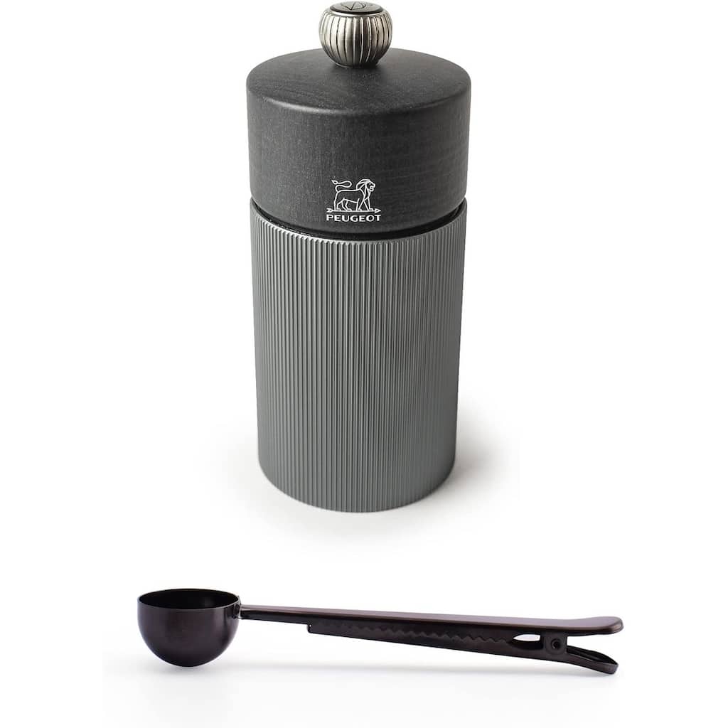 Peugeot Line Manual Pepper Mill Carbon Graphite Aluminum, 12 cm - 4.75" With Stainless Steel Spice Scoop/Bag Clip