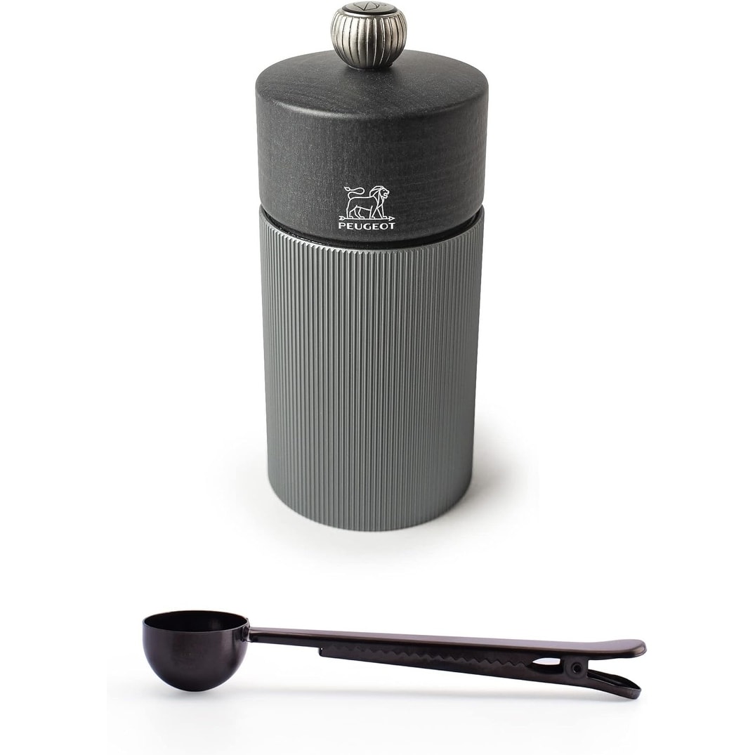 Peugeot Line Manual Pepper Mill Carbon Graphite Aluminum, 12 cm - 4.75" With Stainless Steel Spice Scoop/Bag Clip