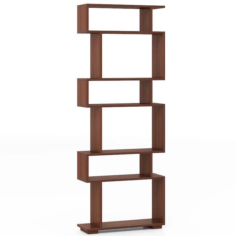 Engineered Wood 6-Tier S-Shaped Bookshelf with Anti-Tip Kits - 24" L x 8" W x 64" H - Walnut