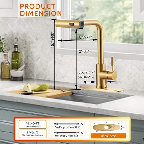 dimension image slide 4 of 10, WOWOW Single Handle Waterfall Pull Down Sprayer Kitchen Faucet