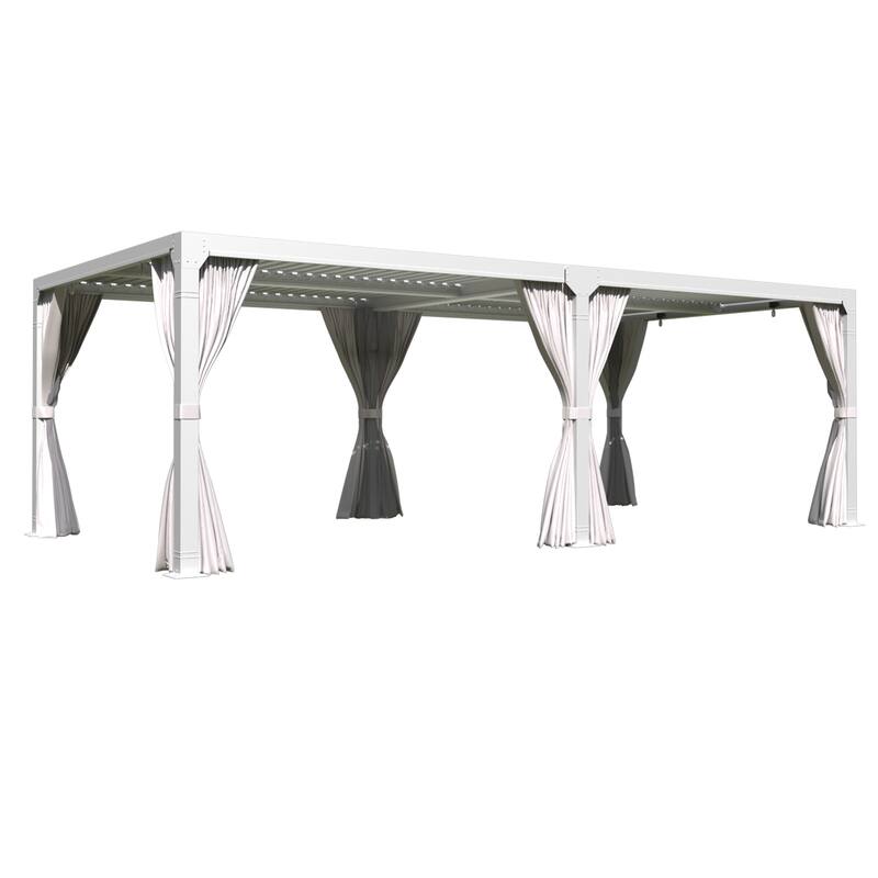 Outdoor Louvered Pergola, Outdoor Patio Hardtop Gazebo, Adjustable Metal Roof Curtains and Netting Included