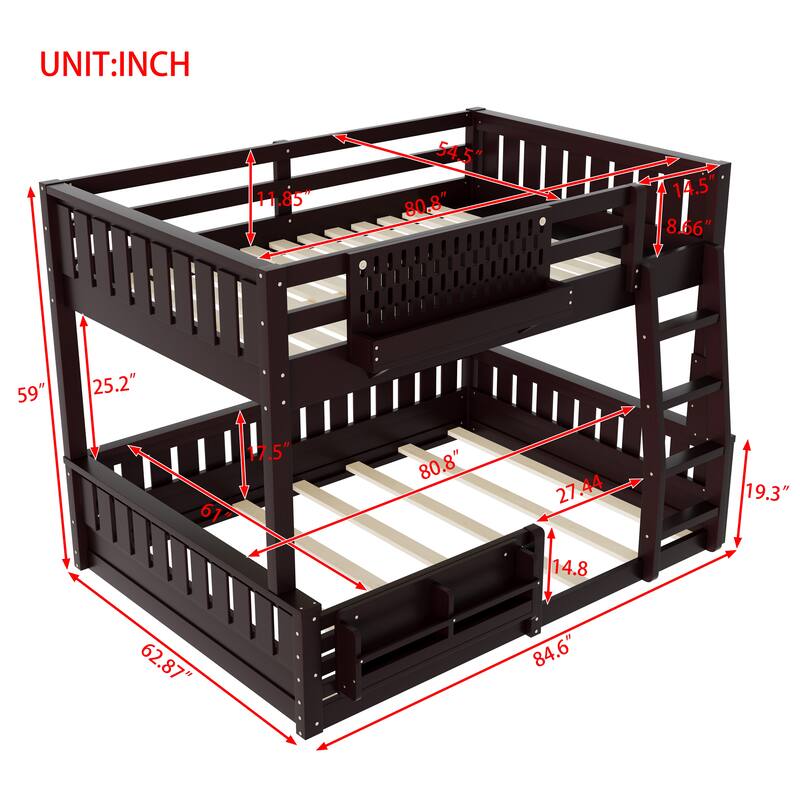 Roomfitters Bunk Bed with Bookshelf and Pegboard, Solid Wood Split Frame
