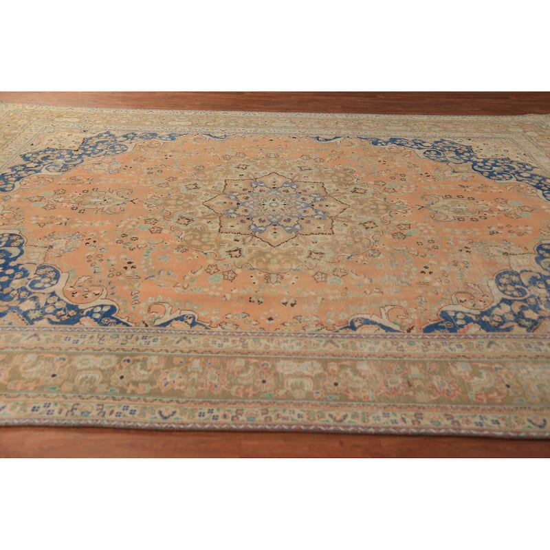 Floral Orange Mashad Persian Area Rug Hand-Knotted Wool Carpet - 9'7"x 12'7"