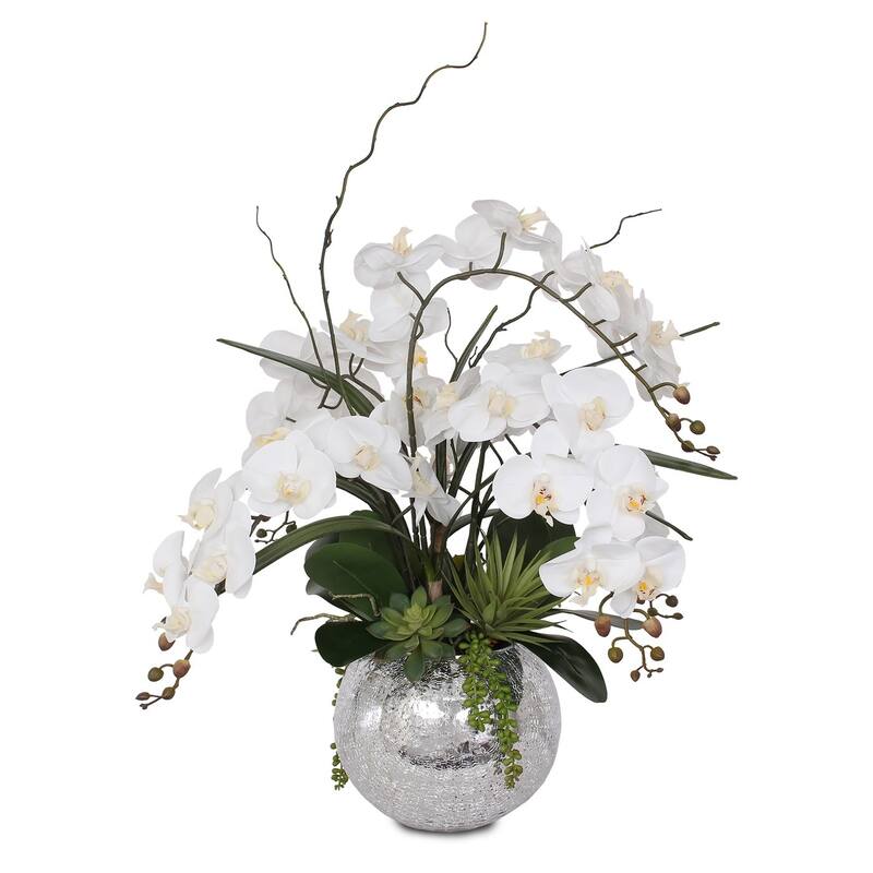 Real Touch White Orchid in Silver Glass Ball - 20 W x 20 D x 27 H