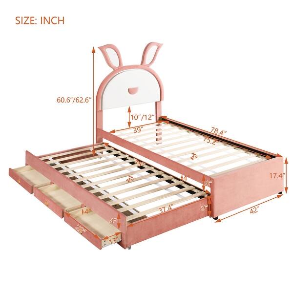 dimension image slide 1 of 4, LED Rabbit Kids Bed Velvet Upholstered Platform Bed Fairytale Animals Theme Bed with Trundle and 3 Drawers, 12pcs+12pcs Slats