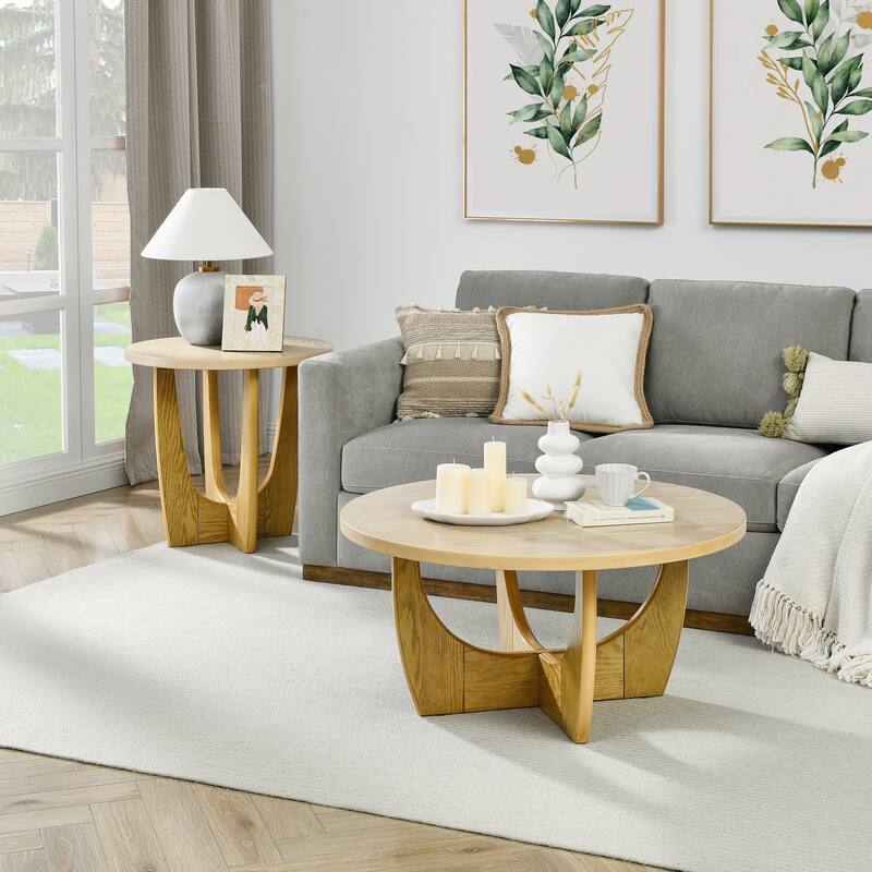 25" Round End Table, Wooden Side Table, Night Stand for Bedroom, Living Room ,Reception Room (Oak Color)