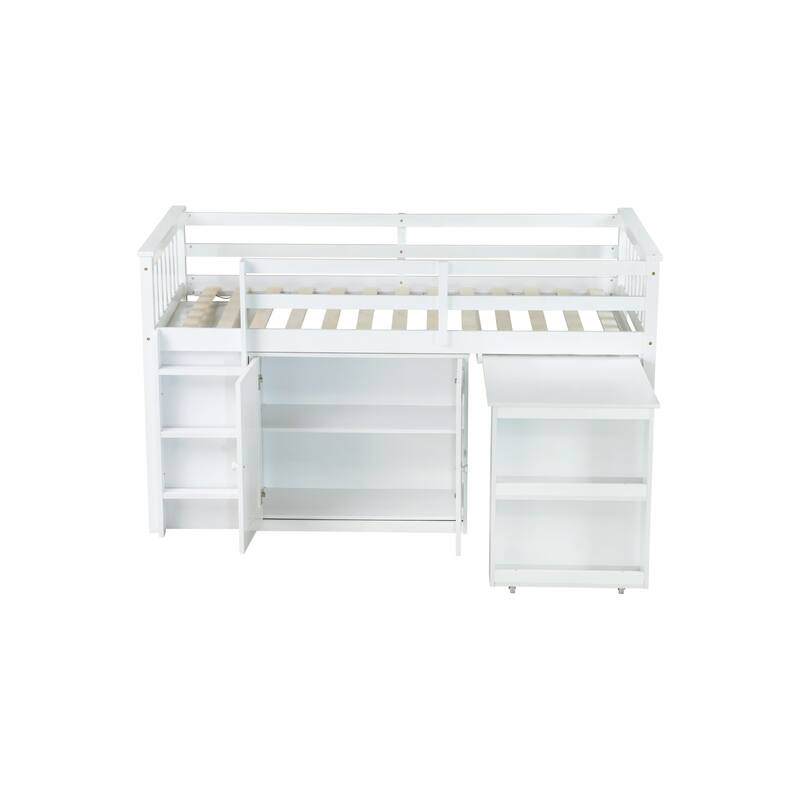 Roomfitters Twin Rubber Wood Loft Bed with Storage Cabinets, Pull-Out Desk, Safety Guardrail and Ladder