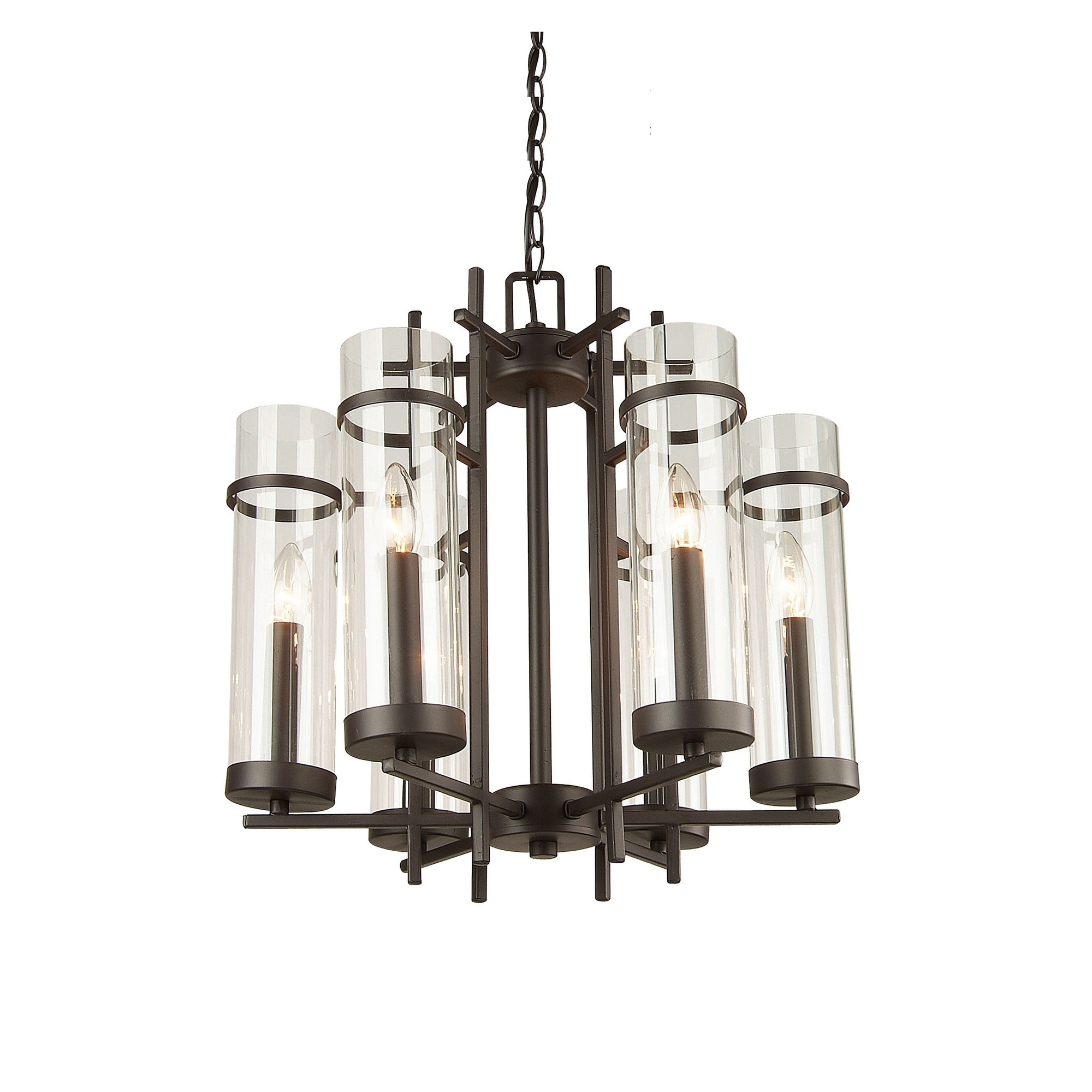 Industrial 6-Light Brown Chandelier With Clear Glass Shades