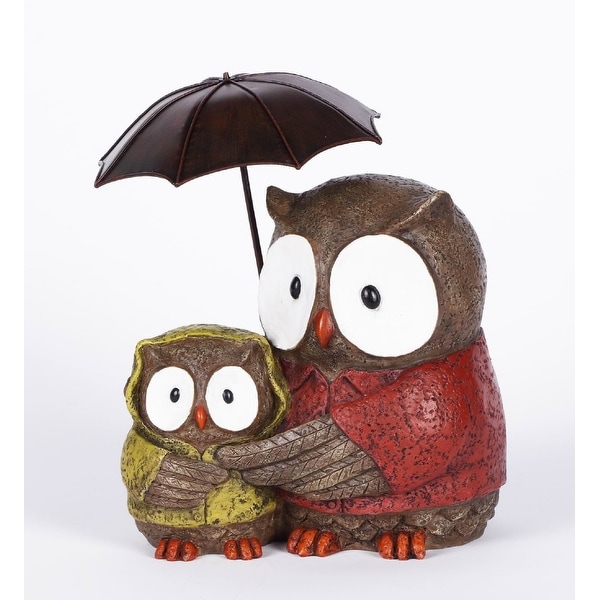 10" Mother and Baby Owl Under Umbrella Garden Statue - N/A