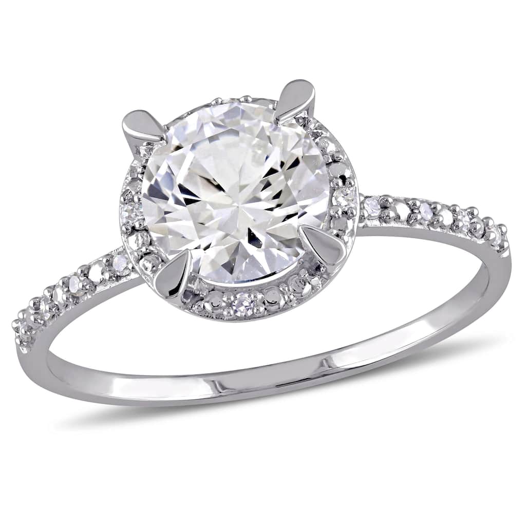 Miadora 10k White Gold Created White Sapphire and Diamond Halo Engagement Ring