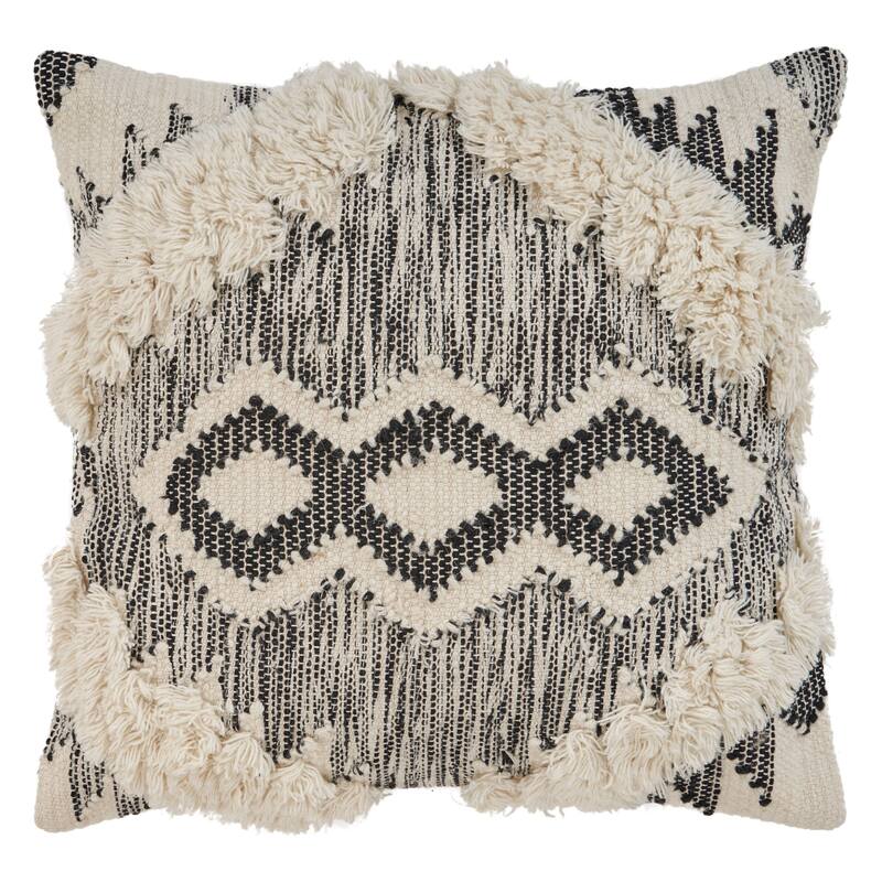 Handwoven Over Tufted Diamond Wool Throw Pillow Cover - 20" - Cream and Black