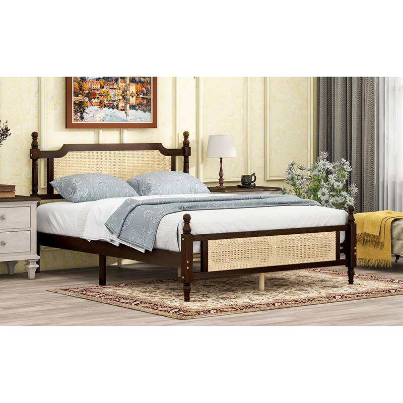 Roomfitters Queen Pine Wood Bed Frame with Rattan Headboard and Footboard, Central Reinforced Platform Support