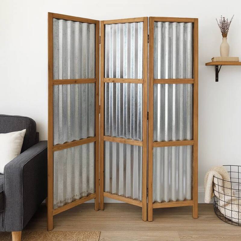 Industrial 3 Panel Foldable Screen with Corrugated Design,Silver and Brown