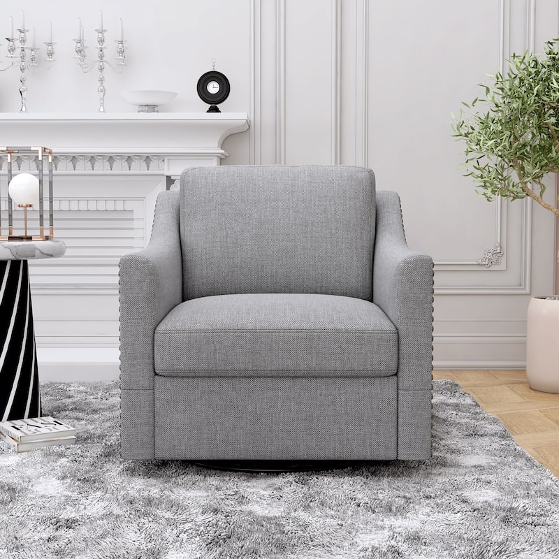 Oversized Swivel Accent Chair, Cotton Linen Fabric Upholstered Armchair, Single Sofa Chair with Brass Nailhead Trim