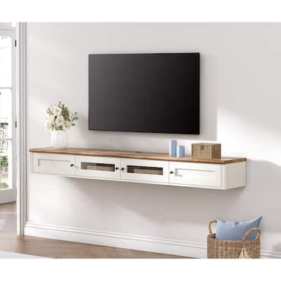WAMPAT Floating TV Stand for TVs up to 80 Inches, Wall-Mounted Wooden TV Shelf with Built-in Charging Station