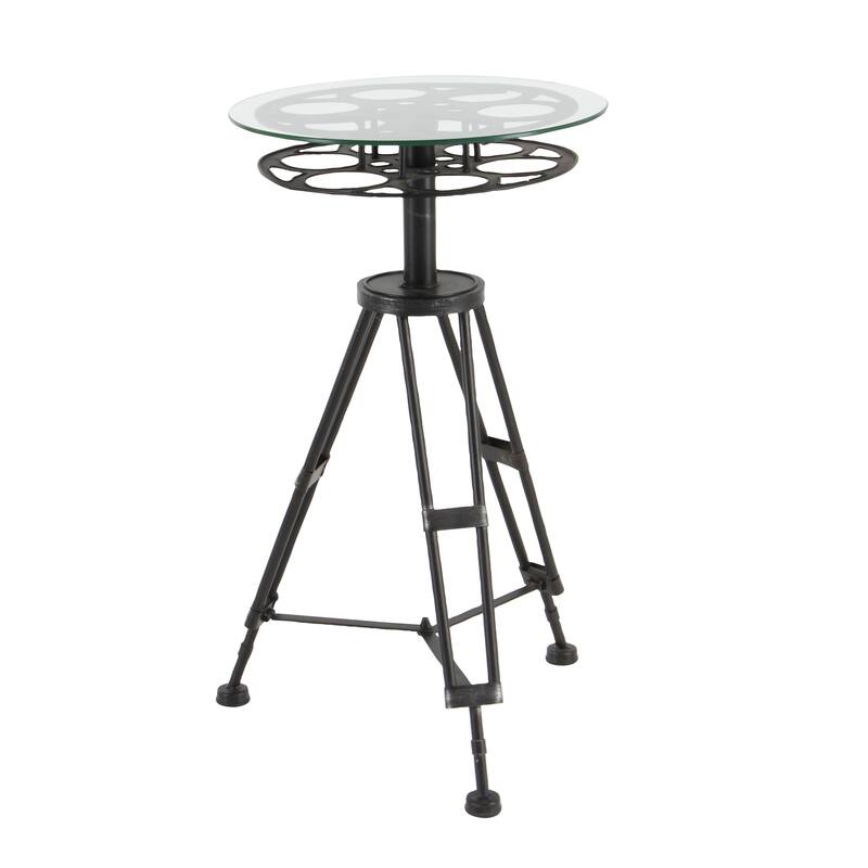 Black Metal Film Reel Accent Table with Tripod Legs and Glass Top