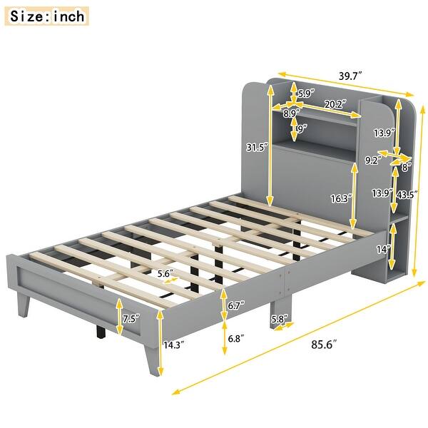 Grey Platform Bed, Bookshelf Headboard, Space-Saving Design, Sturdy Construction