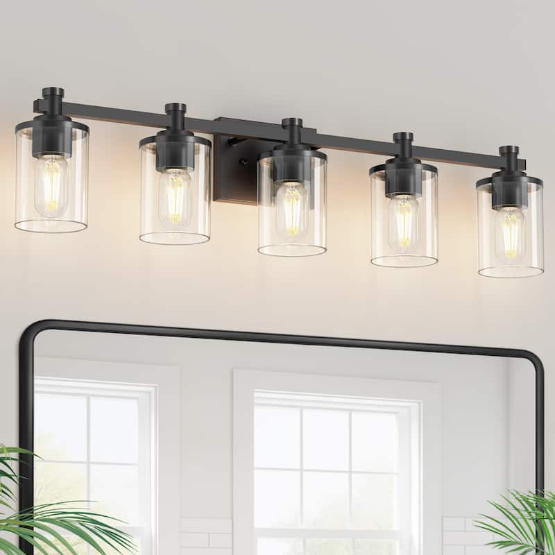 YANSUN 33 in. 5-Light Black Metal Vanity Light Fixtures with Round Clear Glass Shades for Stylish Bathrooms - 33*5.3*8