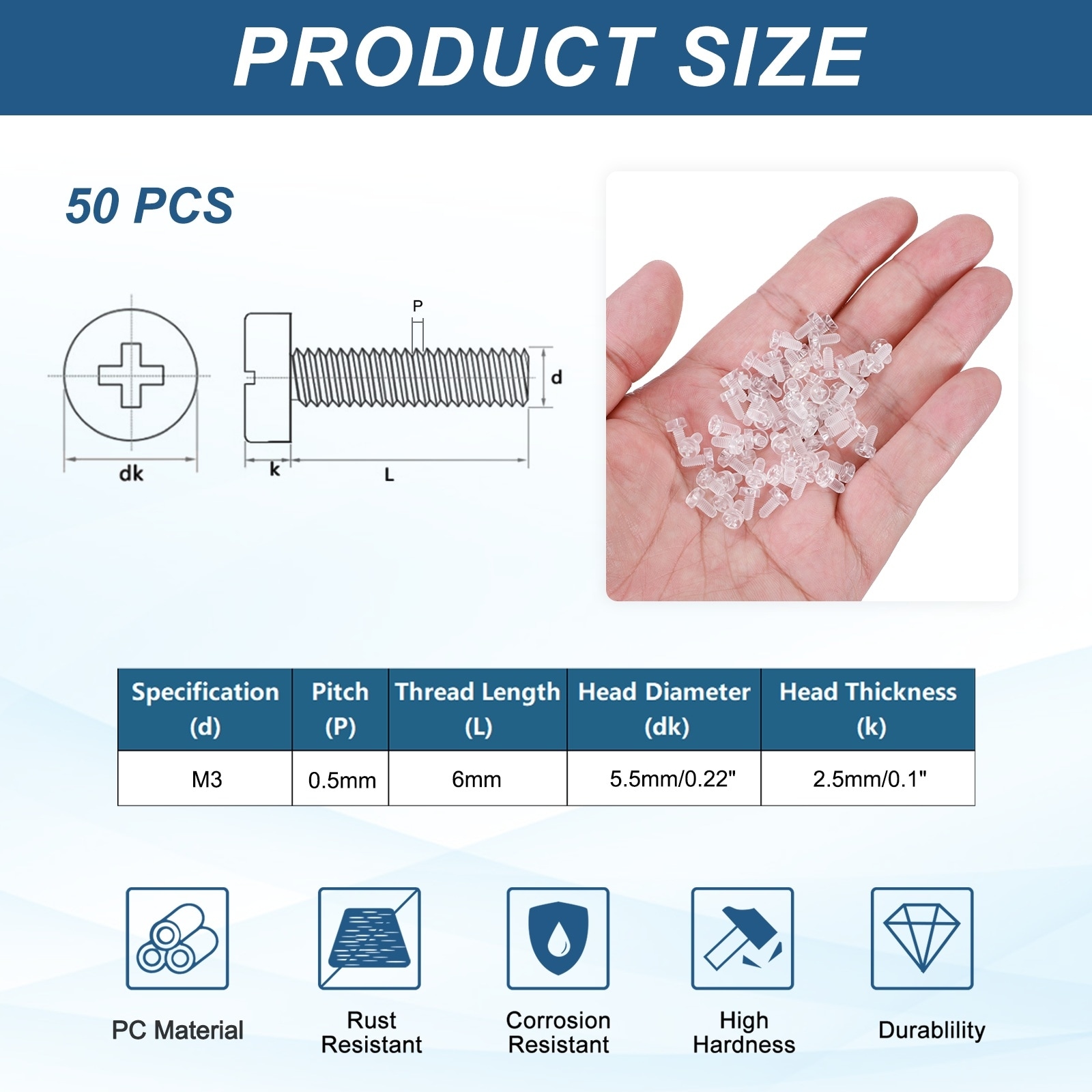 Clear PC Plastic Self-tapping Screw, Phillips Round Head Bolts for Machine Accessories, Transparent