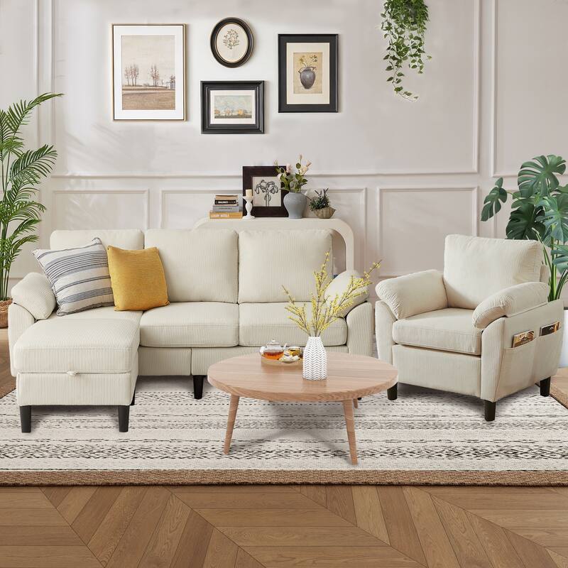 79.72" Corduroy 3 Pieces Living Room Sets Including Sectional Sofa with Storage Ottoman & Side Pockets & Armchair Set - Beige