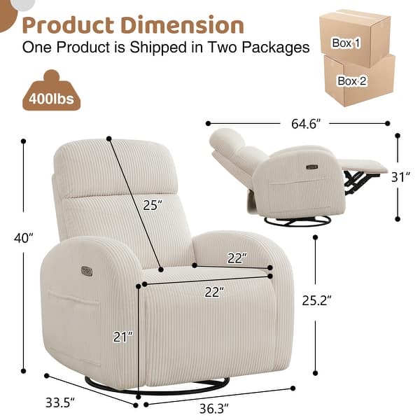dimension image slide 3 of 12, Power Swivel Rocker Glider Nursery Recliner with USB Port Set of 2