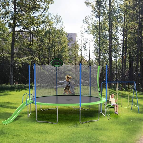 slide 2 of 9, 14FT Trampoline with Slide and Swings, ASTM Approved Large Recreational Trampoline with Basketball Hoop and Ladder,Outdoor Backy N/A
