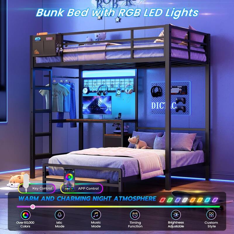 Bunk Bed Twin Over Twin Size with Desk Charging Station L-Shaped Metal