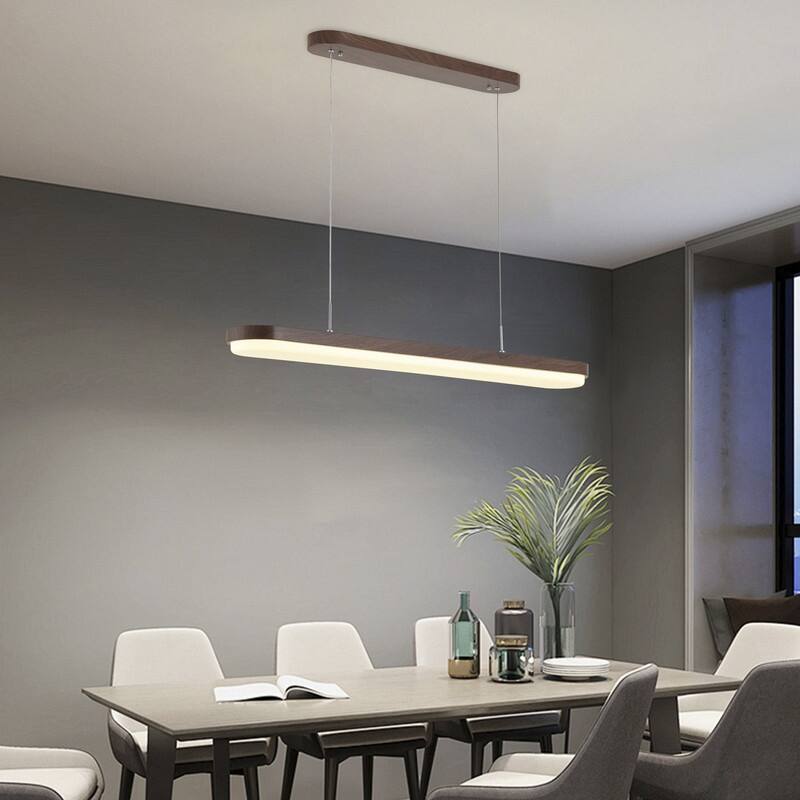 Modern Linear Pendant Light 38.5 Inch Walnut Wood Grain Iron Fixture with Milky White PVC Shade