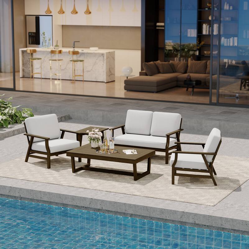 Modern Wood Cushioned Outdoor Patio Sofa Loveseat with Coffee Table