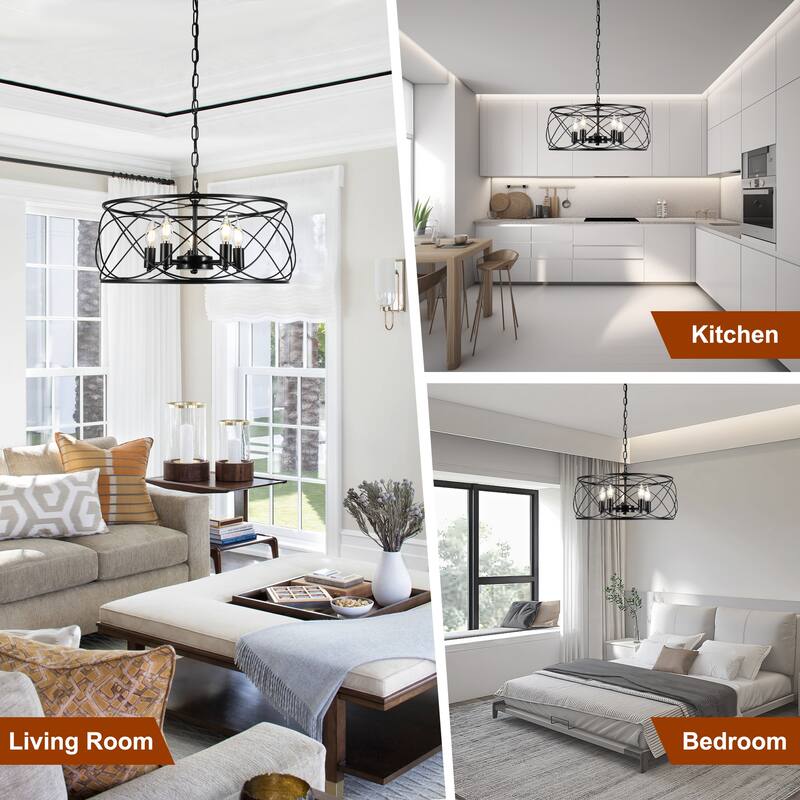 CurveCurio 20" Modern Industrial Caged Light, Contemporary Chandelier w 5 Lights, Adjustable Hanging Chain for Dinging Area