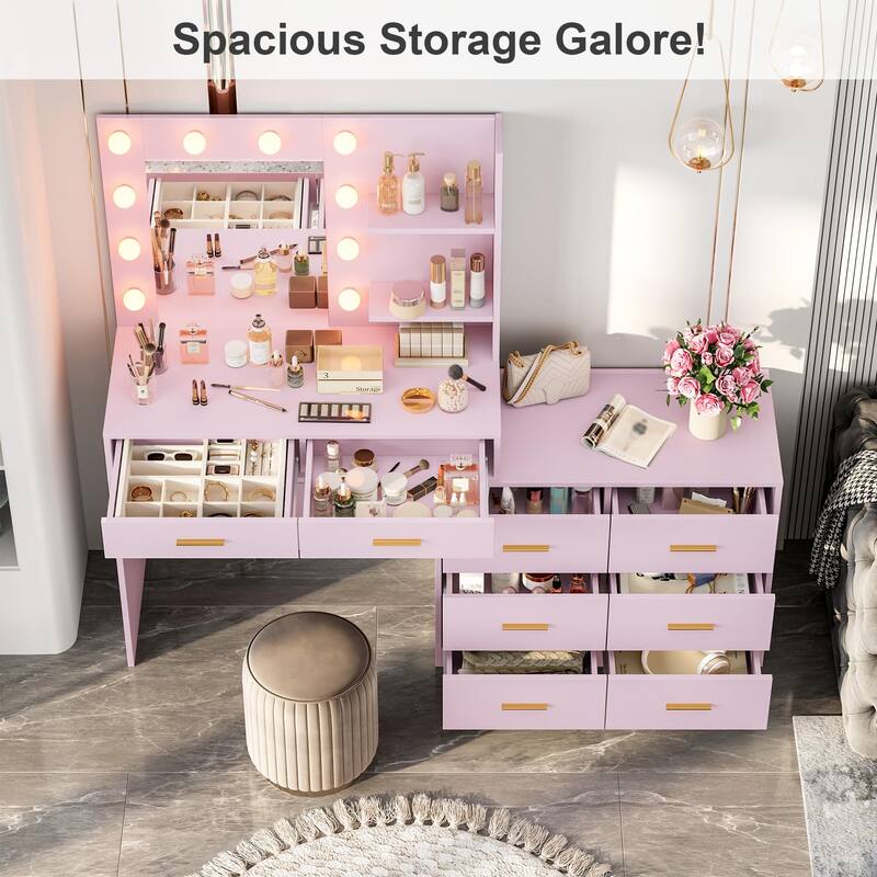 61" Make up Vanity Desk with Mirror and Lights, 3 Lighting Modes Vanity Organizer with Adjustable Brightness