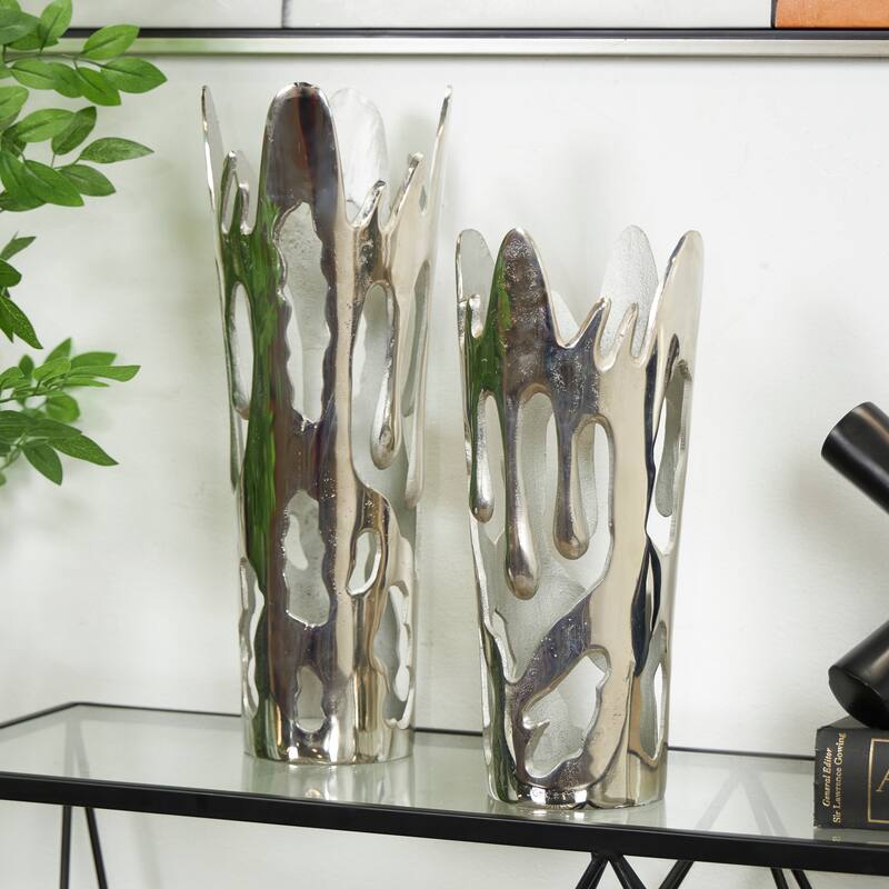 Aluminum Metal Drip Vase with Melting Designed Body - Set of 2 Silver, Gold, Black - Roche River Decor