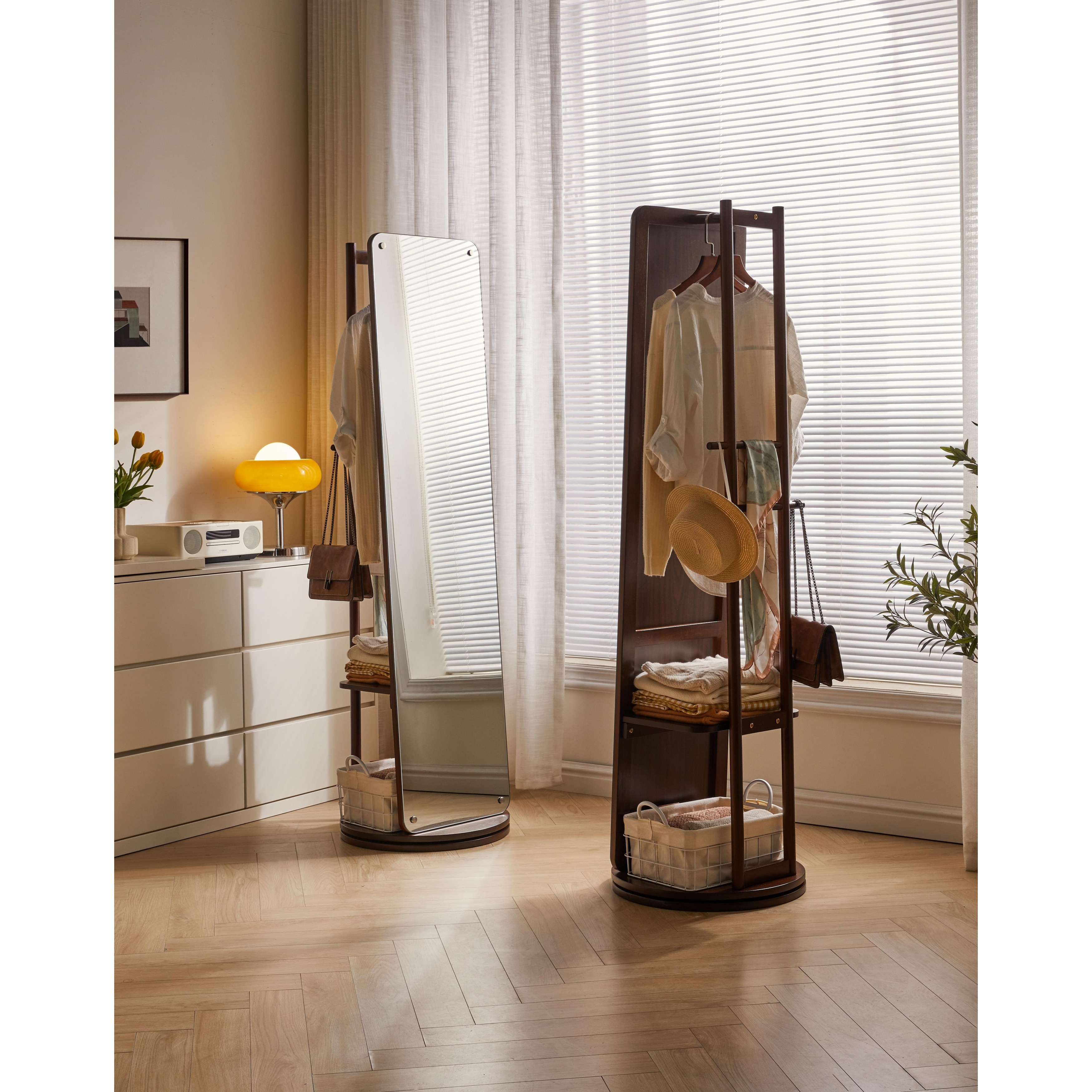 Freestanding Solid Wood Rotating Full Length Mirror with Clothes Rack Storage Shelves for Bedroom, Living Room, Cloakroom