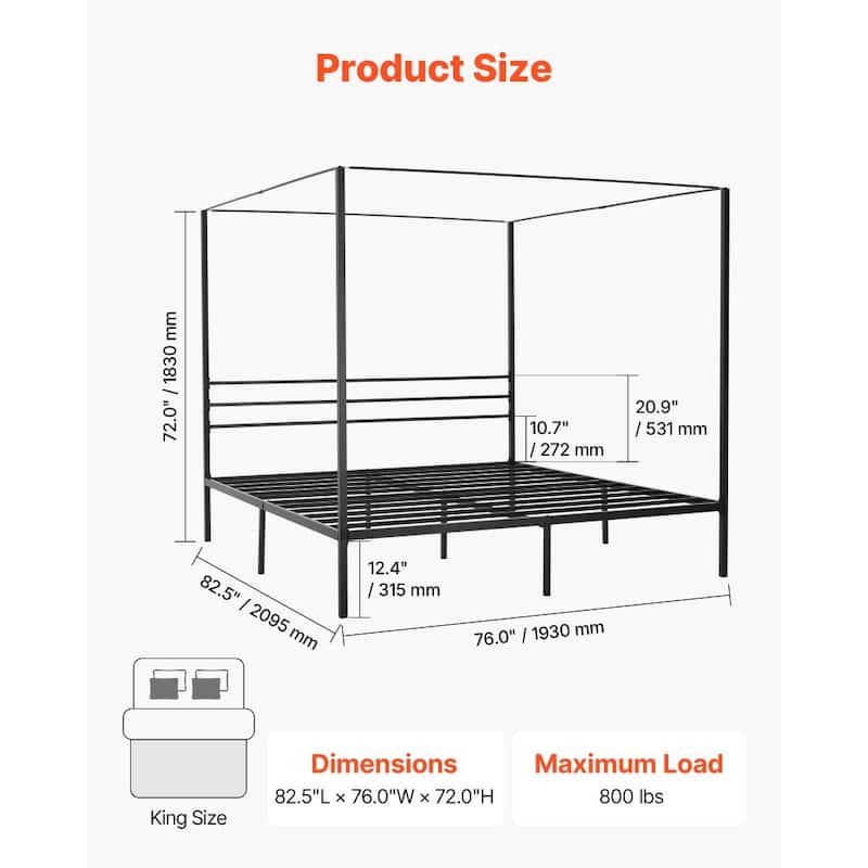 Modern Black Metal Canopy Bed Frame with 12.4 Inch Storage Clearance and Strong Weight Support