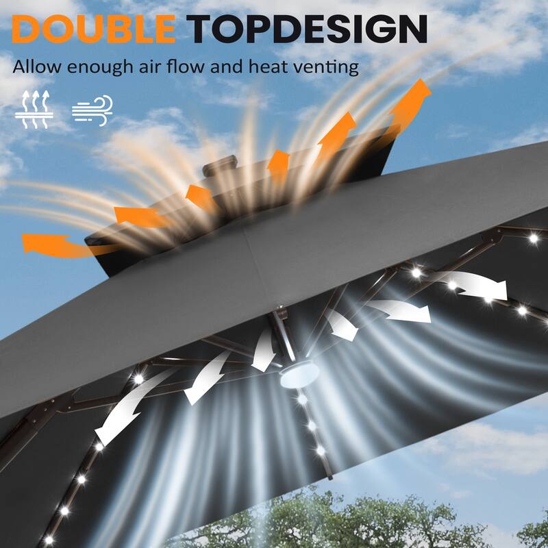 VredHom 9x11 FT Daul Top Rectangular Outdoor Patio Cantilever Umbrella Solar LED Lighted with Rod Base