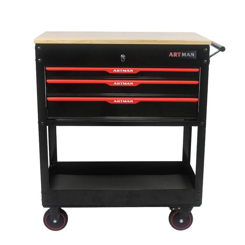3 Drawers Multifunctional Tool Cart with Wheels and Wooden Top Multiple Uses - Home office or garage