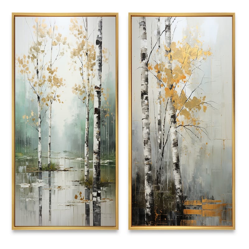 Designart "Birch Woods Ethereal Elegance" Tree Birch Framed Wall Art Set Of 2 - Blue Wall Art Set Of 2