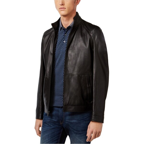 Shop Michael Kors Mens Racer Leather Jacket, black, Medium - Overstock ...