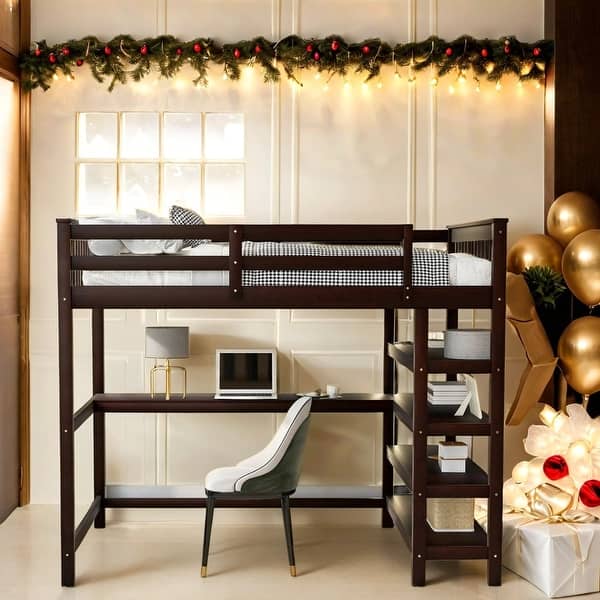 slide 2 of 14, Pine Wood Bunk Bed with Storage Shelves and Under-Bed Desk,Full Size Espresso