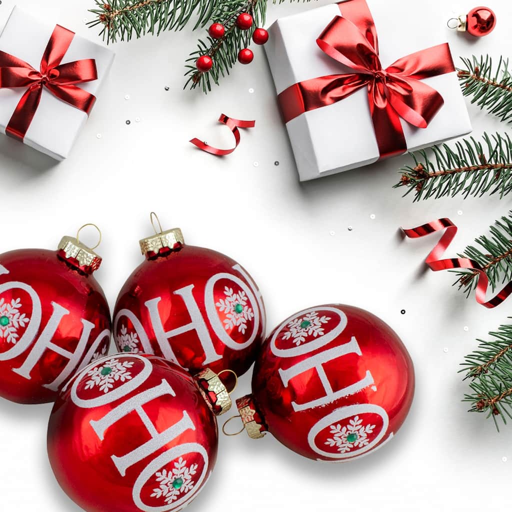 Set of 4 Red Ho Ho Ho Glass Ball Christmas Ornaments 3.25-Inch (80mm)