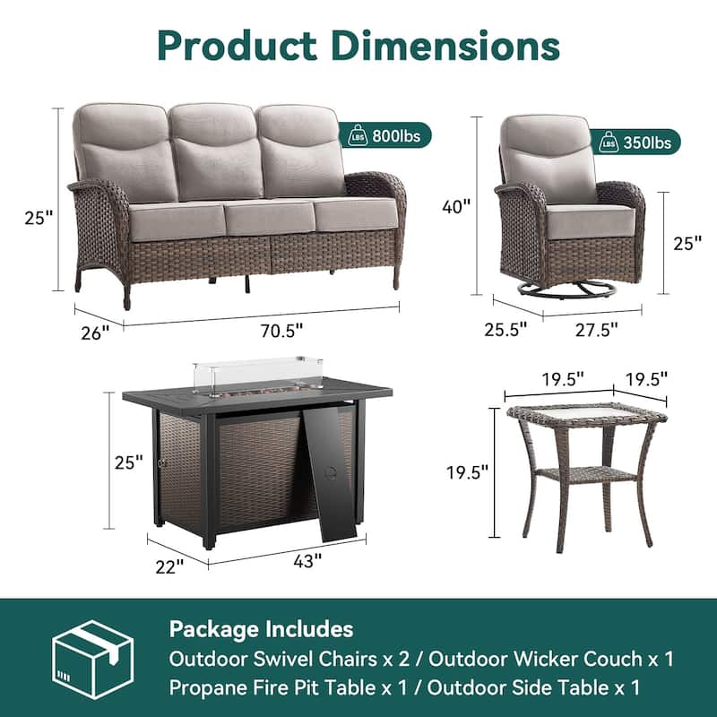 Pocassy Outdoor Sofa Swivel Chair and Ottman with 43in Fire Pit Table