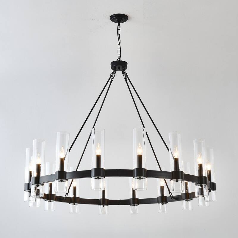 Black Wagon Wheel Chandelier with Glass Shades Adjustable Farmhouse Pendant Light for High Ceilings