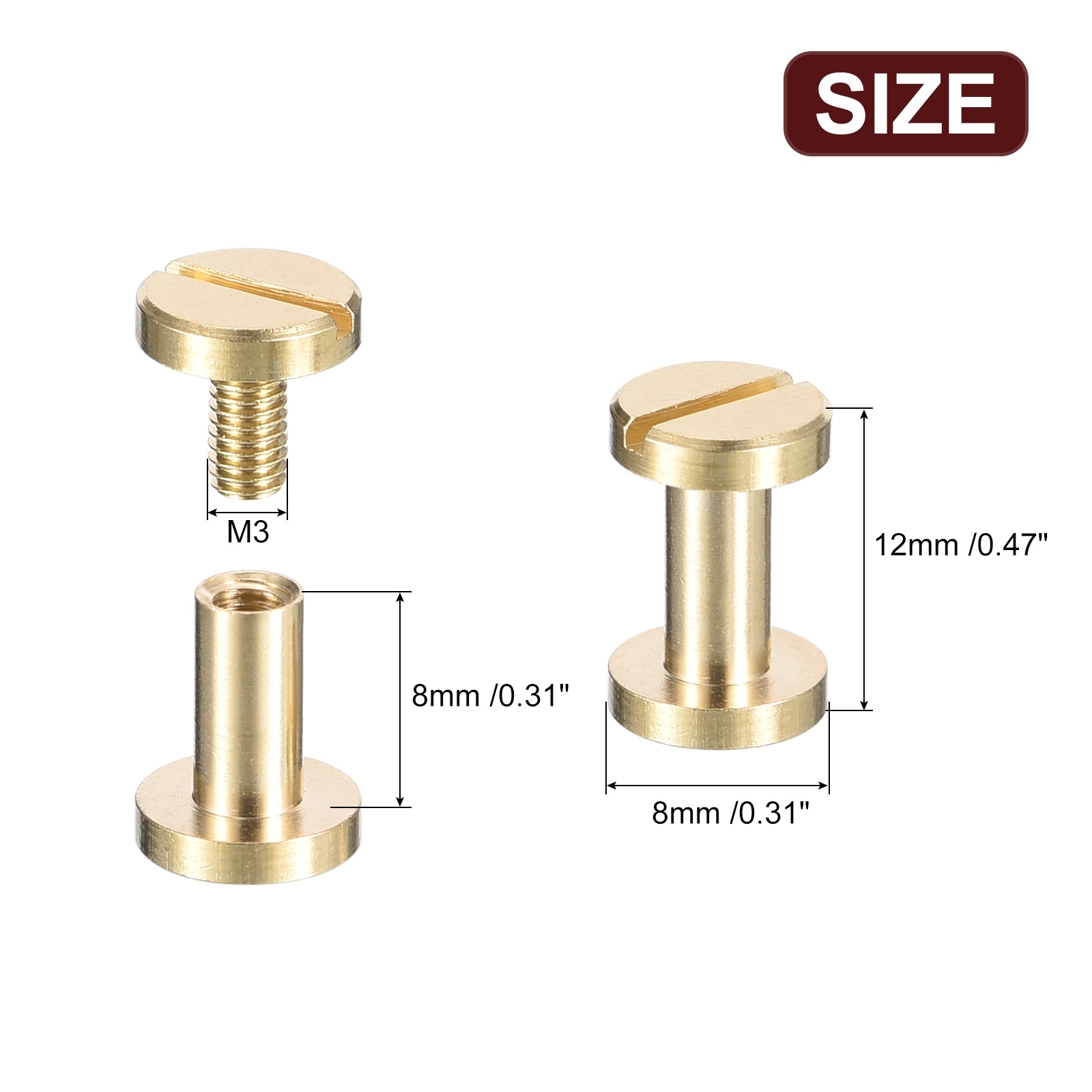 Brass Chicago Screws, Flat Head Screw Back Binding Post Nail Stud Rivets for DIY Leather Craft Belt