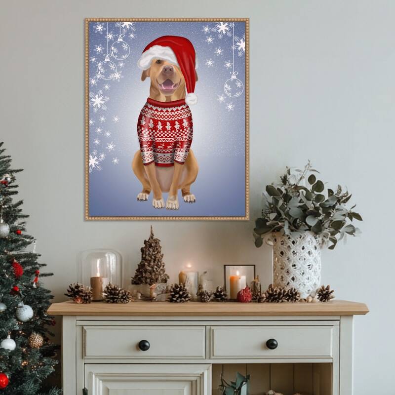 Pitbull in Christmas Sweater by Fab Funky (23 x 28 in.), Framed Canvas Wall Art Print - Sylvie Beaded Rustic Natural