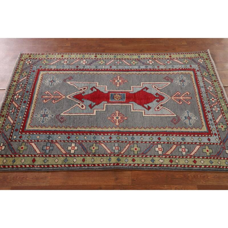 Gray Geometric Kazak Oriental Accent Rug Hand-Knotted Wool Carpet - 3'4"x 5'0"