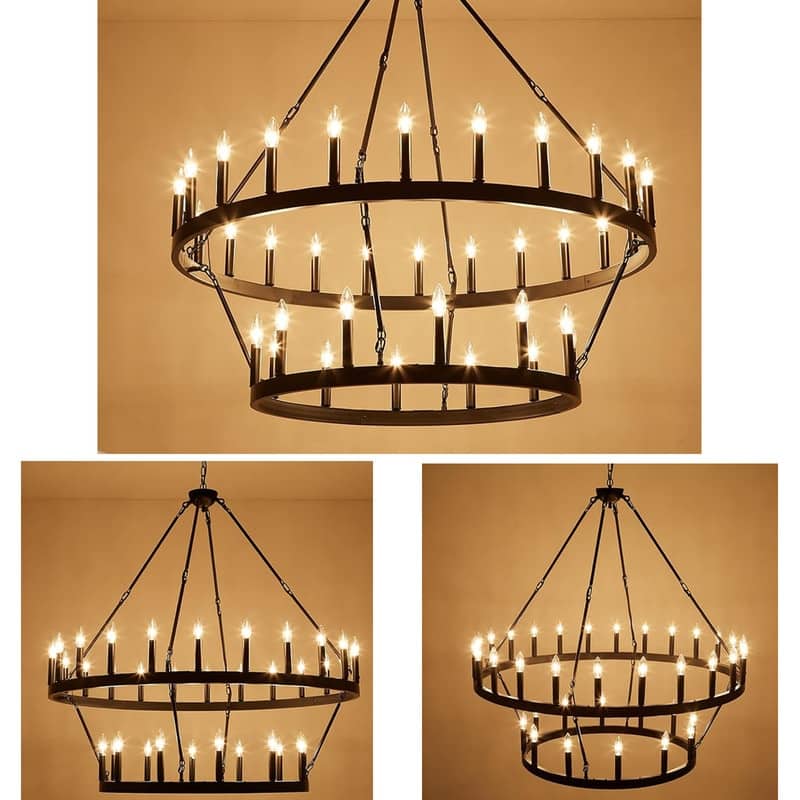 Large Modern Farmhouse Candle Chandeliers 2 Tier Black Wagon Wheel Chandeliers