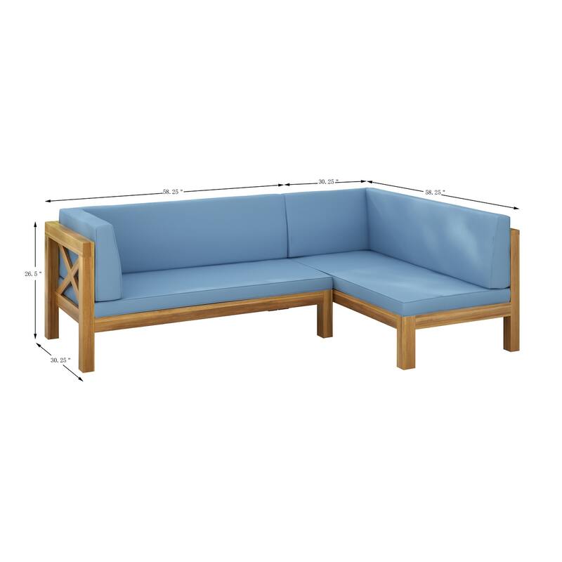 Roomfitters Outdoor Sectional Sofa Left Corner Bench with X-Back Acacia Wood Frame and Cushions